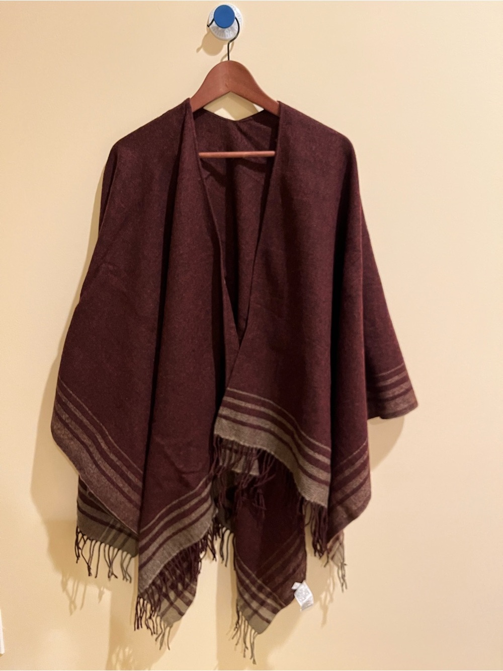 Uniqlo Wine Fringe Poncho with Striped Hem